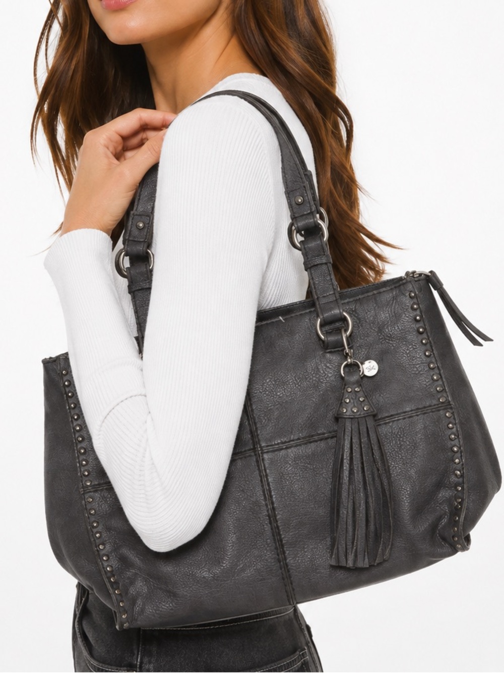 The Sak Vintage Y2K Gray Pebbled Leather Studded Boho Slouchy Shoulder Bag - Picture 1 of 14